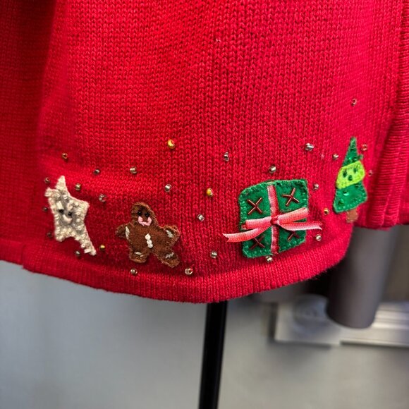 Vtg Red Long Sleeve Ugly Christmas Holiday Sweater Beads Sequins Med Santa Zippe - Picture 9 of 10